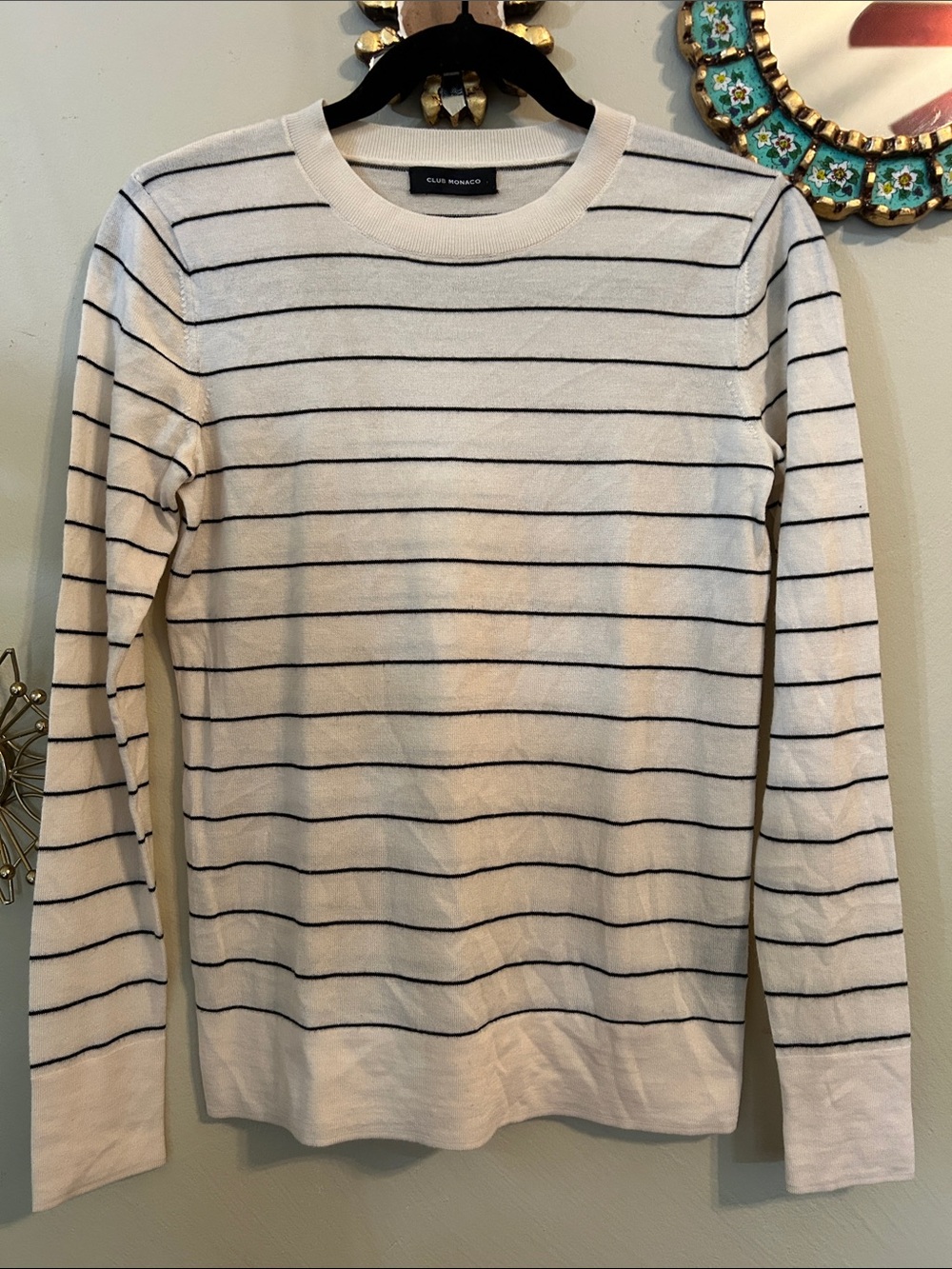 Club Mónaco Striped Crewneck Sweater 100% Merino Wool Long Sleeve Small